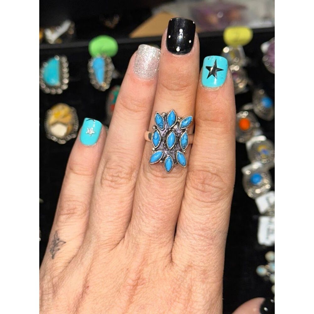 Turquoise Zuni Style Sterling Silver Overlay Ring Size 7